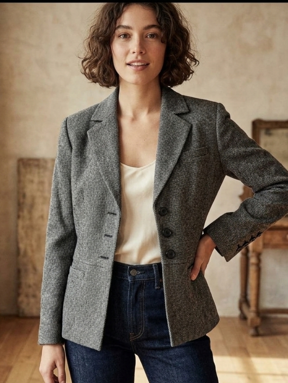 cleo Wool Blend Gray Herringbone Tailored Blazer